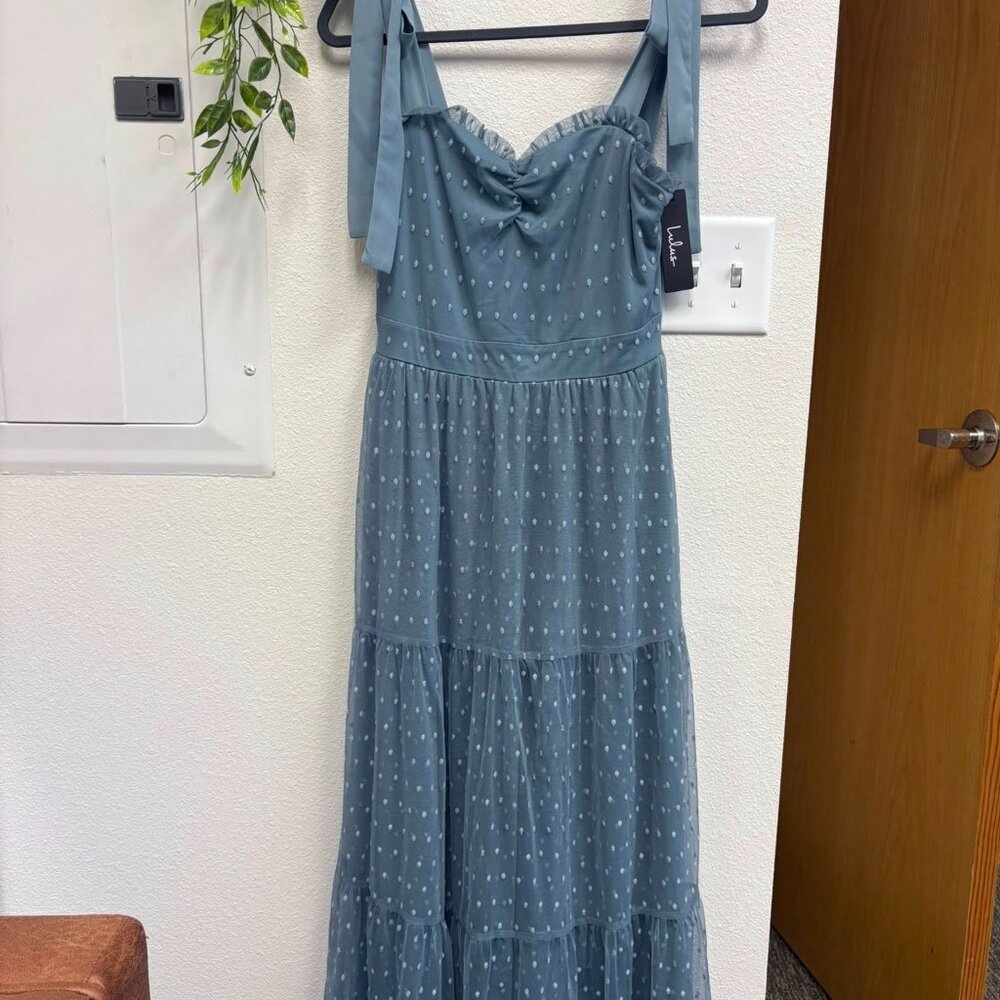 Lulus Blue Polka Dot Tiered Midi Dress
